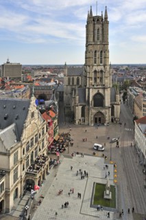 View from belfry over the Saint-Bavos square and the Saint-Bavos cathedral
