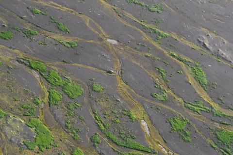 Aerial view over delta of the glacier river Pjorsa