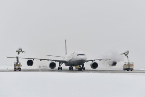Aircraft deicing in winter in front of take-off