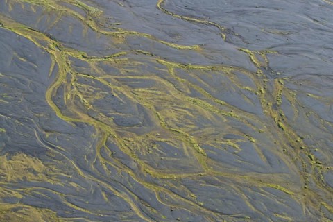Aerial view over delta of the glacier river Pjorsa