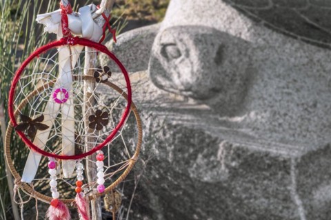 Dreamcatchers at granite turtle sculpture Scarlett