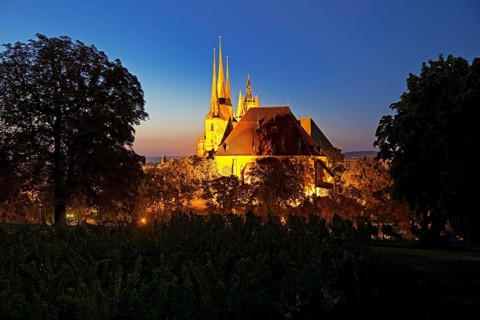 Severi Church and Erfurt Cathedral in the evening seen from Petersberg