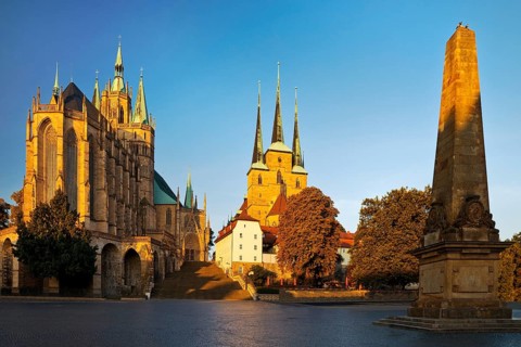 Erfurt Cathedral and Severi Church with Erthal Obelisk in early morning light