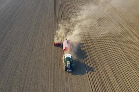 Aerial view over tractor with pneumatic seed drill