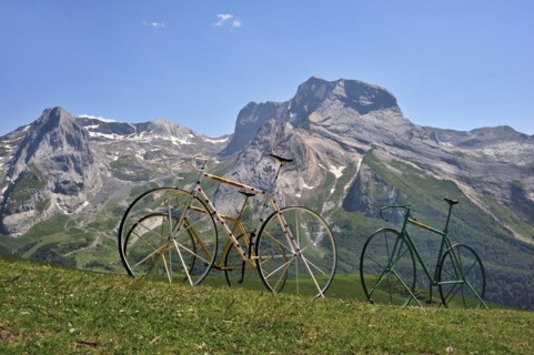 Giant bicycle sculptures at the Col dAubisque in the Pyrenees