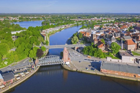 Aerial view over the Burgtor with Hubbruecke