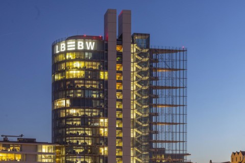 Landesbank Baden-Wuerttemberg LBBW building in the evening