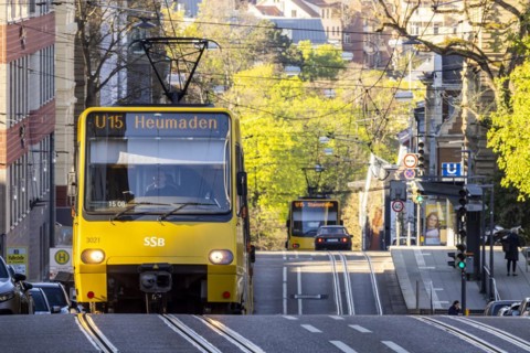 Light rail line U15 of the SSB goes uphill downhill
