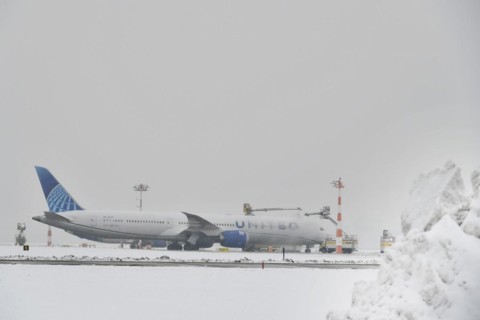 Aircraft deicing in winter in front of take-off