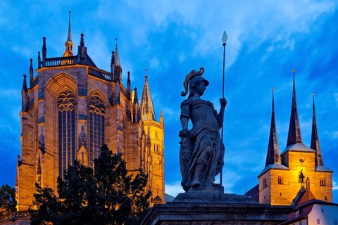 Erfurt Cathedral and Severi Church with Minerva Fountain in the evening