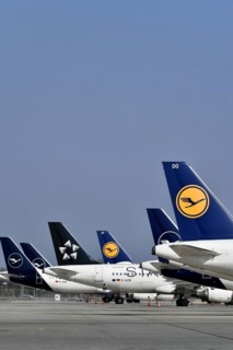 Lufthansa aircraft parked on position at satellite