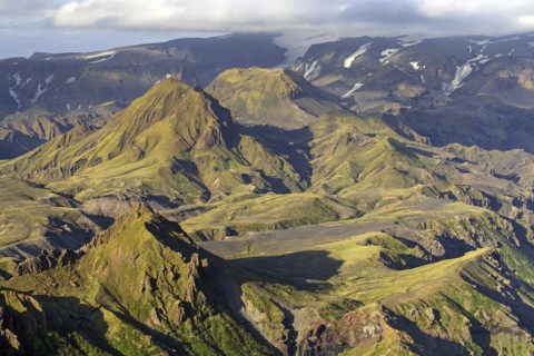 Aerial view over the mountain ridge Thorsmork