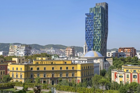 Skanderbeg Square with Ministry building and Alban Tower Tirana