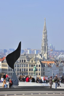 View over the Brussels Town Hall and the Koekelberg Basilica from the Kunstberg