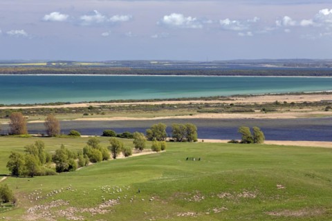 Aerial view from Dornbusch Lighthouse over Hiddensee Island in the Baltic Sea