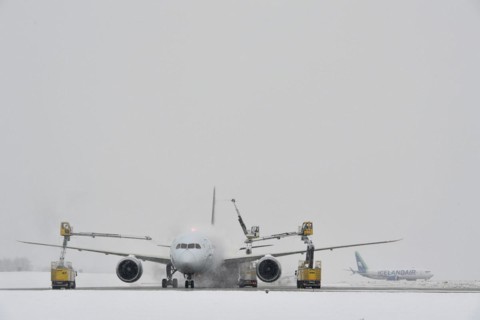 Aircraft deicing in winter in front of take-off