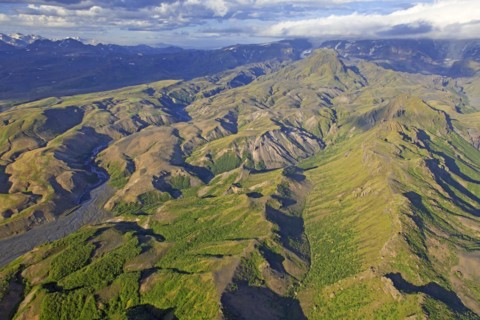 Aerial view over the mountain ridge Thorsmork