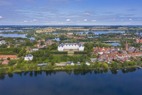 Aerial view over 17th century Ploen Castle