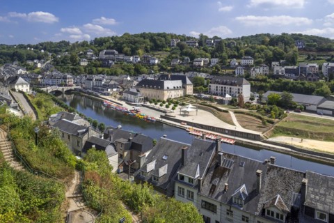 Aerial view from the Chateau de Bouillon Castle over the city Bouillon and the Semois river