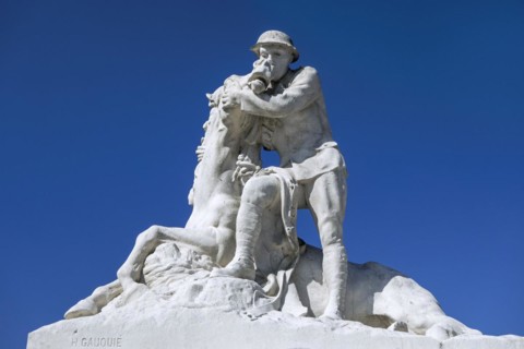 58th London Division Memorial showing First World War One soldier comforting his dying horse during the Battle of the Somme