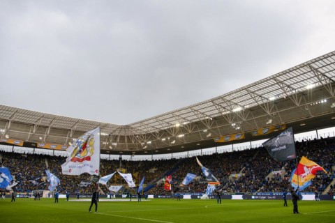 Flag wavers in front of the start of a Bundesliga match
