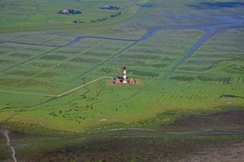 Lighthouse Westerheversand and salt marshes at Westerhever