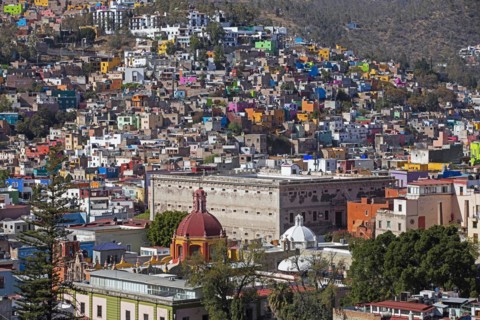 Aerial view over the colourful city centre of Guanajuato and the Alhondiga de Granaditas