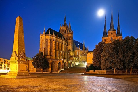 Erfurt Cathedral and Severi Church with Erthal Obelisk and Full Moon