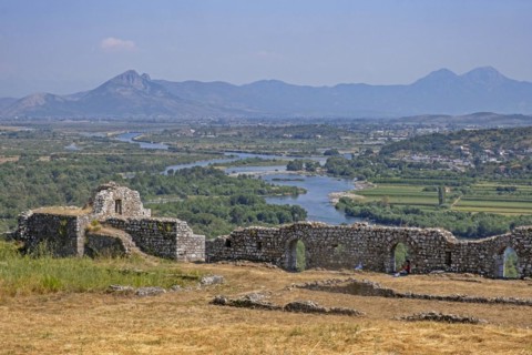 View over the Drin River Delta and foothills of the Albanian Alps