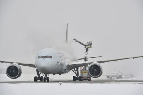 Aircraft deicing in winter in front of take-off