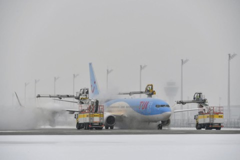 Aircraft deicing in winter in front of take-off