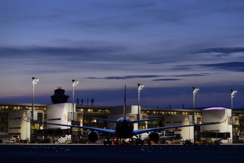 Lufthansa Airbus A350-900 New Livery being towed to position to Terminal 2 by tow truck at dusk