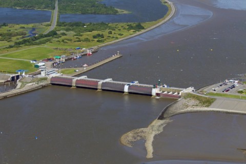 Aerial view over the Eider Barrage