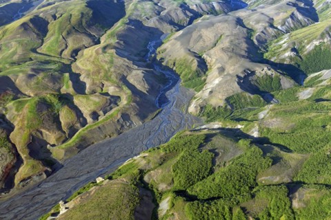 Aerial view over the mountain ridge Thorsmork