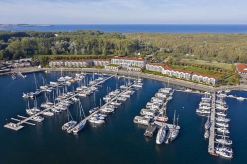 Weisse Wiek holiday resort at Boltenhagen along the Baltic Sea showing hotels and sailing boats in marina