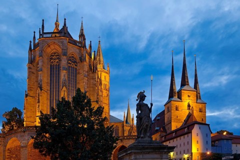 Erfurt Cathedral and Severi Church with Minerva Fountain in the evening