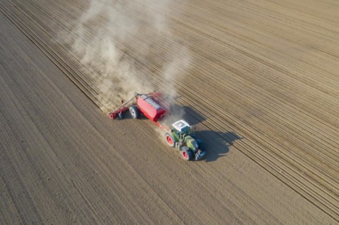 Aerial view over tractor with pneumatic seed drill
