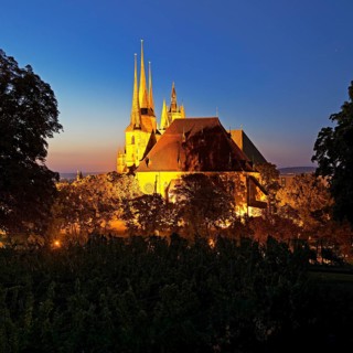 Severi Church and Erfurt Cathedral in the evening seen from Petersberg