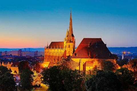 City view with Severi Church and Erfurt Cathedral at dawn
