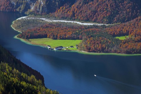 Aerial view over lake Koenigssee and Sankt Bartholomae