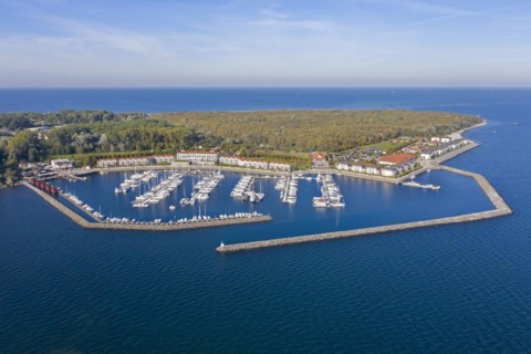 Weisse Wiek holiday resort at Boltenhagen along the Baltic Sea showing hotels and sailing boats in marina