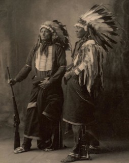 Chief Goes To War, Chief Hollow Horn Bear, two chiefs with feather headdresses, Sioux, North American Indian people, after a painting by F.A.Rinehart, 1899, Historic, digitally restored reproduction o...