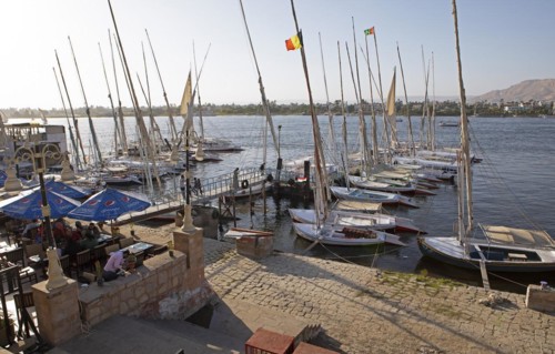 Boat mooring for traditional sailing boats or feluccas on the Nile, Luxor, Egypt, Africa