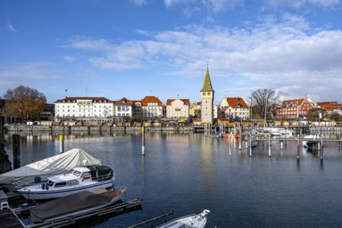 Harbour promenade with Mangturm, harbour, Lindau island, Lake Constance, Bavaria, Germany, Europe