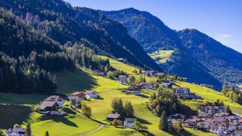 Sunny meadow slope in Ortisei, Val Gardena, Dolomites, South Tyrol, Italy, Europe