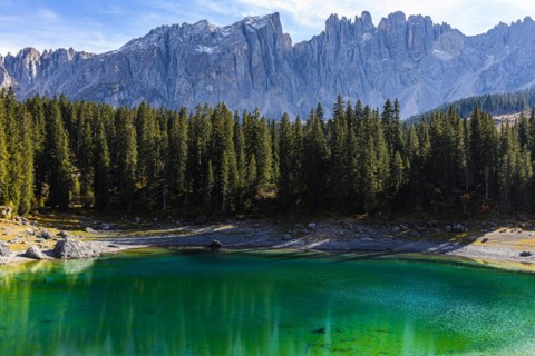 Emerald green Lake Carezza, behind a spruce forest and the peaks of the Latemar, Dolomites, South Tyrol, Italy, Europe