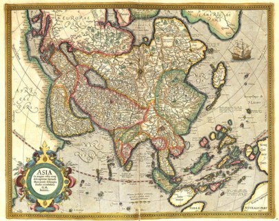 Atlas, map from 1623, Asia with India, China, Japan and Arabia, digitally restored reproduction from an engraving by Gerhard Mercator, born as Gheert Cremer, 5 March 1512, 2 December 1594, geographer ...