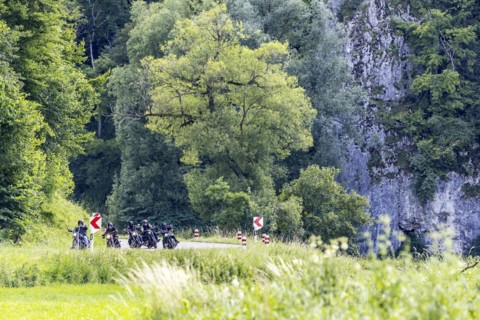The Lauter Valley in the Swabian Alb is a popular route for motorcyclists, Muensingen, Baden-Wuerttemberg, Germany, Europe