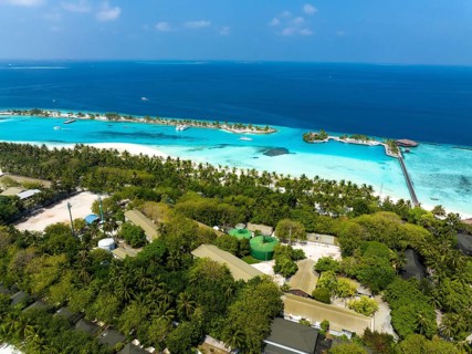 Aerial View, Paradise Island with Water Bungalows, Indian Ocean, Lankanfushi, North Male Atoll, Maldives, Asia