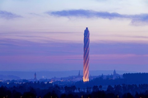 Test tower of TK-Elevator in the early morning. Express and high-speed lifts are tested in the 246-metre-high tower. Behind it, the city with its historic towers and churches. Rottweil, Baden-Wuerttem...